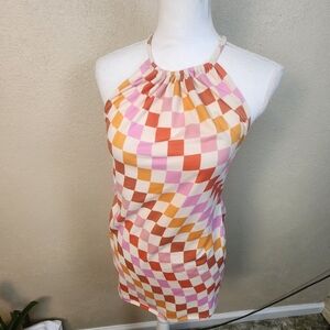 Bear Dance Pink Orange Checkered Halter Top Large (5781)